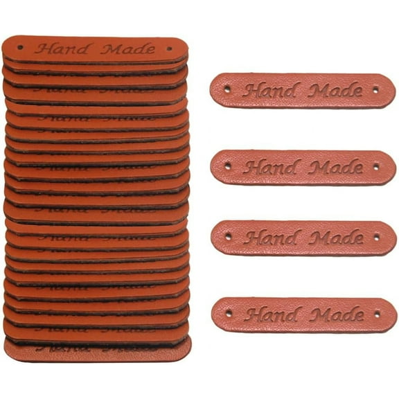 100pcs 100 pcs 5 x 1 CM Handmade Faux Pu Leather Tags Oval Personalized Brown Embossed Tag Embellishment Knit Sewing Label with Holes for Sewing Making Crafts Crochet Items Jeans Shoes Bags Supply