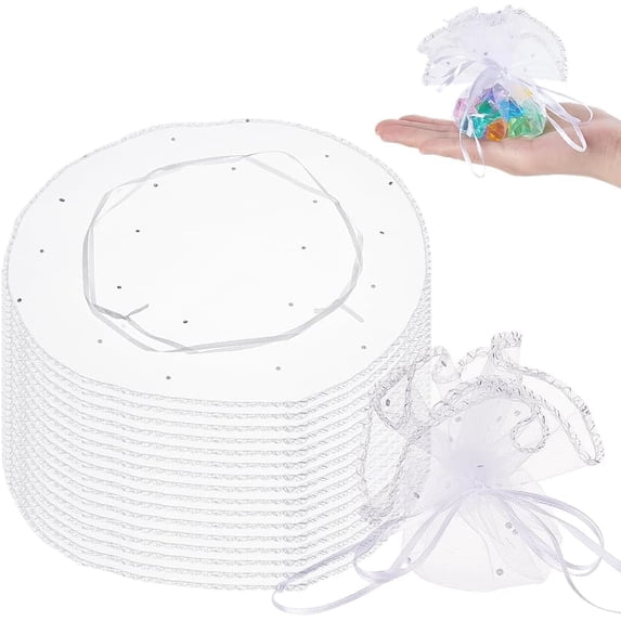 100pcs 100 pcs Organza Bags Diameter 26cm Round Drawstring Organza Bags Jewelry Gift Pouches with Sequins for Birthday Wedding Party Baptism White