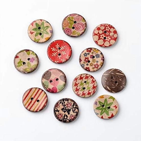 100pcs 100Pcs Flat Round 2 Holes Coconut Buttons Mixed Color 0.79x0.12 Inch 100pcs