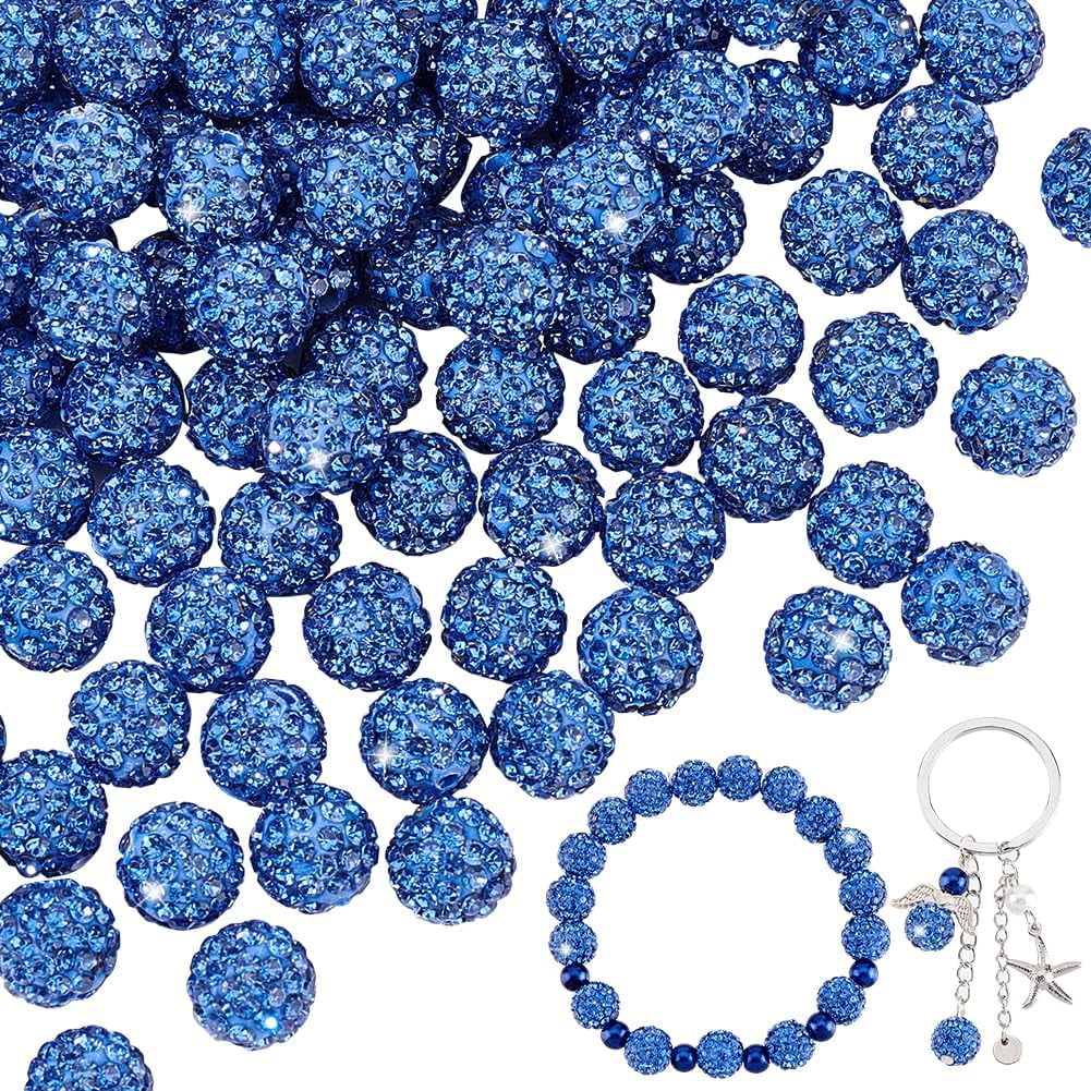 100pcs 10mm Blue Rhinestones Beads Pave Disco Ball Clay Beads Polymer Clay Rhinestone Beads Round Diamond Beads for Baseball Necklace Bracelet Earring Jewelry Making Christmas for diy