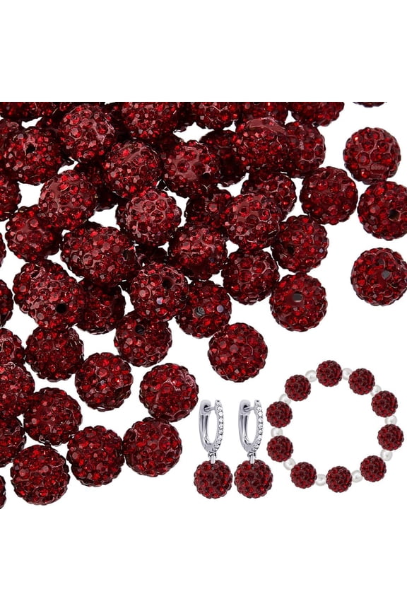 100pcs 10mm Dark Red Rhinestone Beads Dark Red Clay Beads Polymer Crystal Beads Clay Pave Disco Ball Round Diamond Clay Beads for Necklace Bracelet Jewelry Making Party Decoration