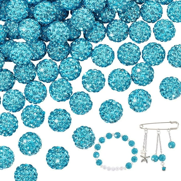 100pcs 10mm Rhinestones Beads Pave Disco Ball Clay Beads Beads Polymer Clay Rhinestone Beads Round Diamond Bead for Bracelet Necklace Earring Jewelry Making Christmas Aquamarine