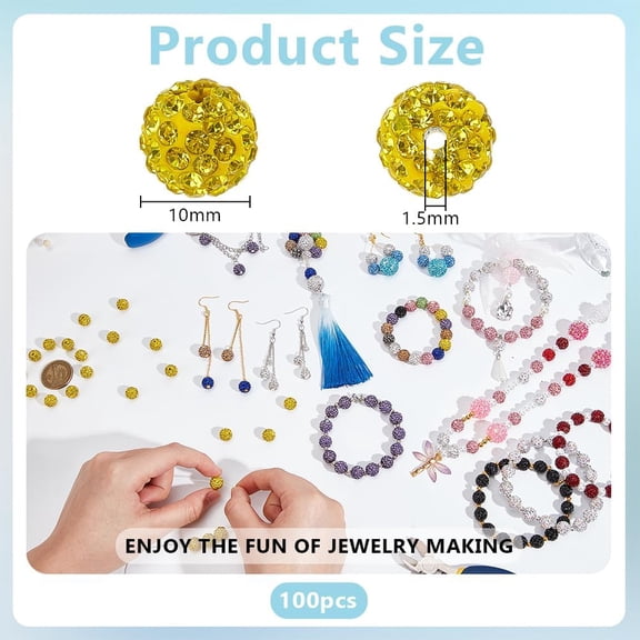 100pcs 10mm Yellow Rhinestone Beads Yellow Clay Bead Polymer Crystal Beads Clay Pave Disco Ball Round Diamond Bead for Necklace Bracelet Jewelry Making Party Decoration