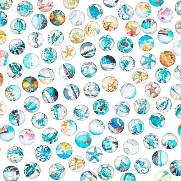 100pcs 12mm Starfish Glass Cabochons 50 Styles Marine Organism Cabochon Tiles Ocean Theme Shell Mosaic Printed Picture Tile for DIY Hawaii Summer Christmas Necklace Jewelry Making