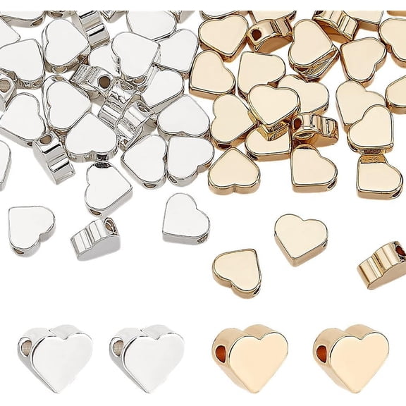 100pcs 14K Gold Plated Heart Bead 2 Colors Gold Silver Heart Spacer Bead Loose Love Heart Shaped Metal Spacer Beads Craft Beads for DIY Craft Jewelry Making 6x7x3mm