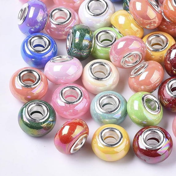 100pcs 14mm Resin Rondelle Large Hole Beads Random Color European Beads with Silver Plated Brass Double Cores Stripe Craft Beads for DIY Charms Bracelet Jewelry Making Hole 5mm
