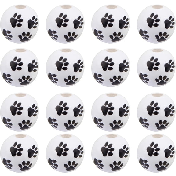 100pcs 16 mm Paw Print Wood Beads Round Dog Paw Footprint Wooden Spacer Beads White Black Cute Craft Beads Accessories for DIY Jewelry Making Christmas Party Decoration