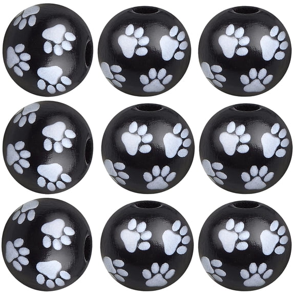 100pcs 16mm Dog Paw Print Wooden Round Cute Puppy Footprint Spacer Beads - Black and White Handmade for DIY Jewelry Making, , Party Decor