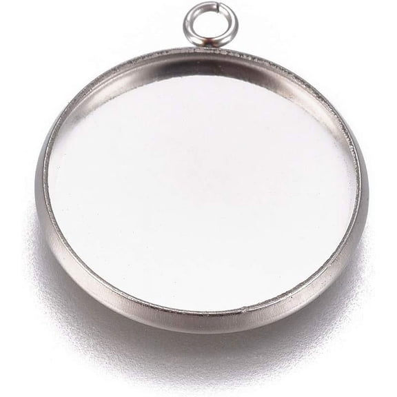 100pcs 16mm Tray Flat Round Pendants Stainless Steel Cabochon Connector Plain Edge Bezel Cups Blank Cabochon Base Setting DIY Jewelry 20.5x17.5x2mm Hole 1.8mm for DIY
