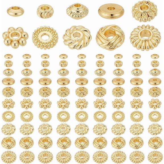 100pcs 18K Gold Spacer Beads 10 Styles Metal Beads Flat Round Gold Beads Flower Rondelle Beads Loose Beads for Summer Bikini Beach Layered Bracelets Necklaces Earrings Jewelry Making DIY