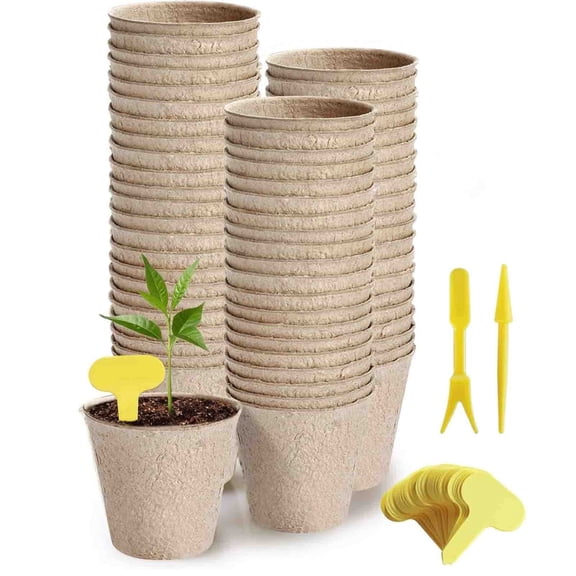 100pcs 2.4" Peat Pots,Biodegradable Peat Pots for Seedlings,Plant Nursery Pots for Vegetables,Fruits,Flowers,Graden,Bonus 100 T-Labels& 2 Transplant Tools