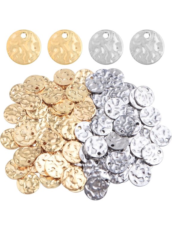 100pcs 2 Colors Stainless Steel Flat Round Coin Charms Blank Stamping Tag Pendants Discs with Wavy Textured Pattern for Bracelet Earrings Jewelry Making Christmas Gift, 10 mm