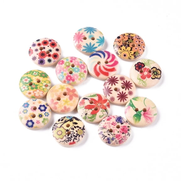 100pcs 2-Hole Printed Wooden Buttons for Sewing Crafting Flat Round with Mixed Flower Pattern Dyed Mixed color 14.5~15x4mm Hole: 2mm