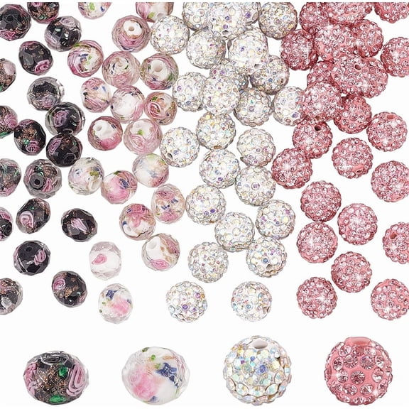 100pcs 2 Styles 4 Colors Beads Set Lampwork Flower Beads and Polymer Clay Rhinestone Beads Set Craft Beads Assorted Beads Goldsand Glass Beads for Jewelry Making Christmas Gift