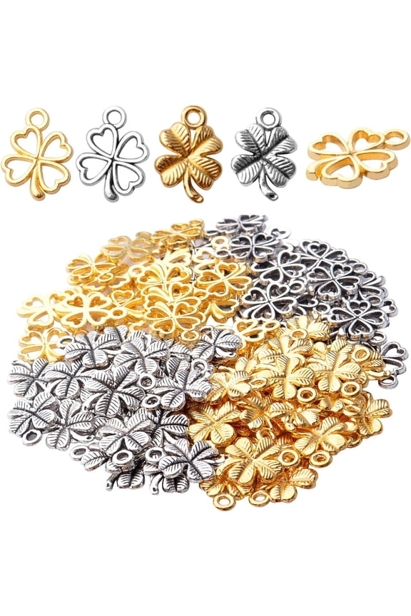 100pcs 2 Styles Alloy Four Leaf Clover Charms Lucky Charms Pendents for DIY Bracelet Necklace Jewelry Making Findings, Gold and Antique Silver