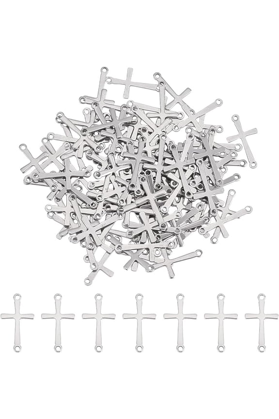 100pcs 201 Stainless Steel Connector Charms Laser Cut Religion Cross Links Stainless Steel color 17x9.5x0.7mm Hole: 1.2mm 201 Stainless Steel