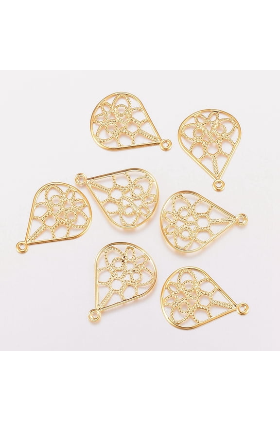 100pcs 201 Stainless Steel Filigree Pendants teardrop with Floral Pattern Golden 20x15x1.2mm Hole: 1mm