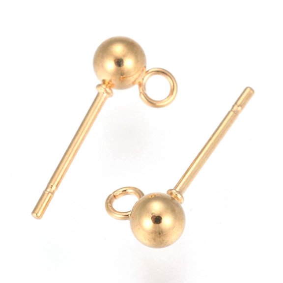 100pcs 202 Stainless Steel Ball Stud Earring Findings with 304 Stainless Steel Pins and Loop Round golden 15mm Hole: 1.7mm Pin: 0.7mm