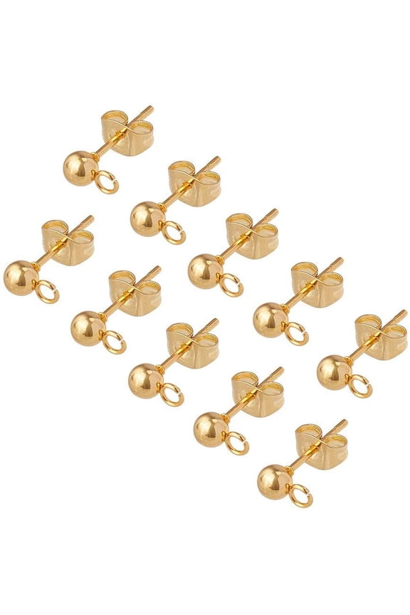 100pcs 24K Gold Plated Ball Post Earrings with Loop Stainless Steel Earring Studs with Ear Nuts Hypoallergenic Earring Findings for DIY Jewelry Making Findings 7x4mm Golden