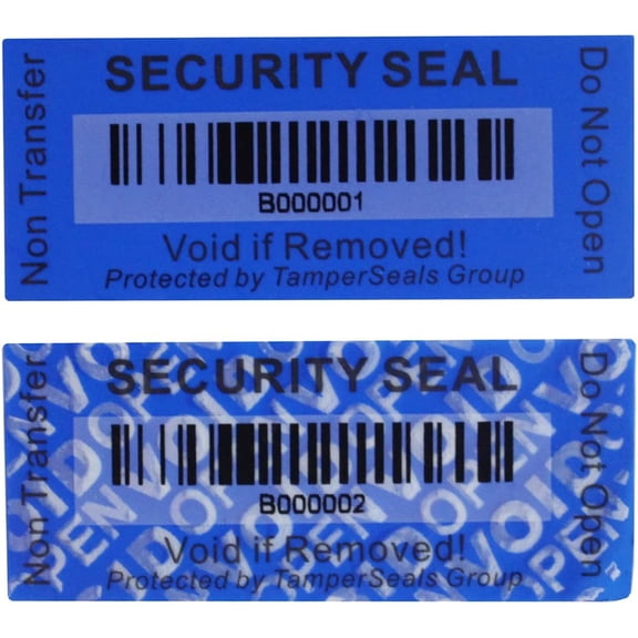 100pcs 25x60mm Blue Non-Transfer Tamper Evident Security Void Stickers | No Sticky Residue, Unique Barcode, SGS RoHs Standard, Multi Surface Functionality, Premium Branded Package