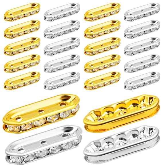 100pcs 3-Hole 6 Rhinestone Spacer Bars Golden and Silver Crystal Rhinestones Metal Spacers Bar Beads Link Connectors for DIY Multi Strand Bracelet Necklace Jewelry Making