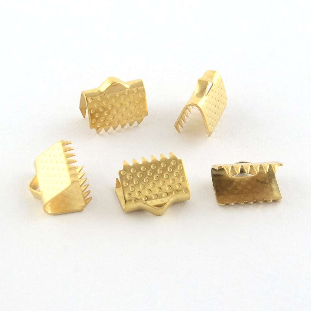 100pcs 304 Stainless Steel Ribbon Crimp Ends Golden 10x20mm Hole: 3mm