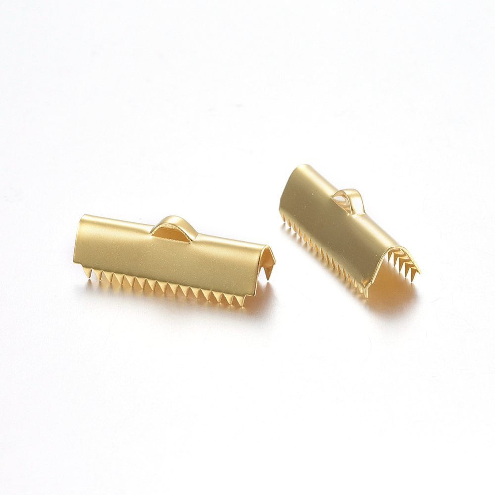 100pcs 304 Stainless Steel Ribbon Crimp Ends Rectangle Golden 9x25mm Hole: 4.5x1.5mm Inner Diameter: 24x7mm