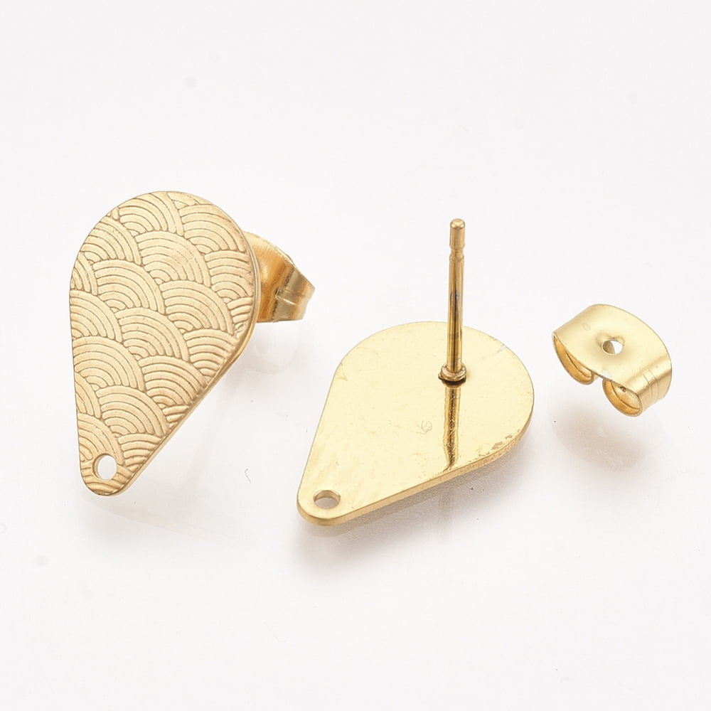 100pcs 304 Stainless Steel Stud Earring Findings with Ear Nuts/Earring Backs teardrop with Wave Pattern Golden 16x10.5mm Hole: 1mm Pin: 0.7mm