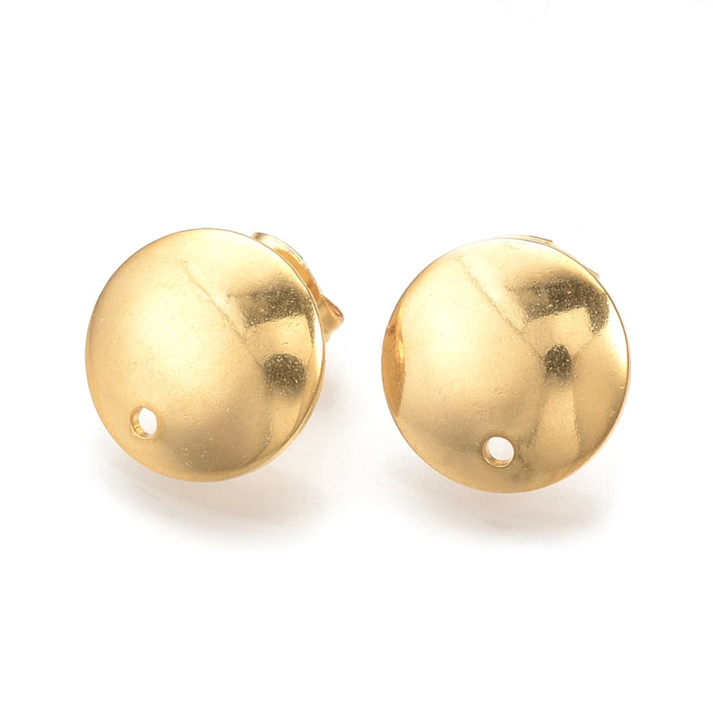 100pcs 304 Stainless Steel Stud Earring Findings with Loop and Flat Plate Ear Nuts/Earring Backs Flat Round Golden 13mm Hole: 1mm Pin: 0.8mm