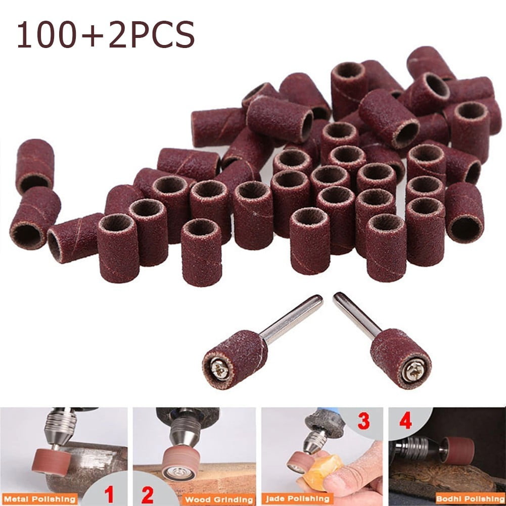 100pcs 320 Grit Drum Sanding Bands Sleeves + 2pcs Mandrels Sandpaper Rotary Tool