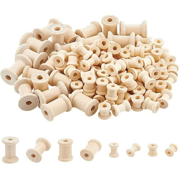 100pcs 4 Sizes Wooden Empty Spools Mini Wire Weaving Bobbins 2 Colors Natural Wood Sewing Thread Spool for Embroidery Sewing Ribbon Winding Spool for Fishing Line DIY Crafts 1set