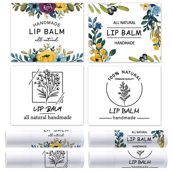 100pcs 4 styles Lipstick Tag Stickers Flower Lip Balm Label Sticker 2.1x1.7 inch Self Adhesive Lipstick Labels with Handmade Words for Lip Balm Container Tubes Wrapping Decorations Plastic