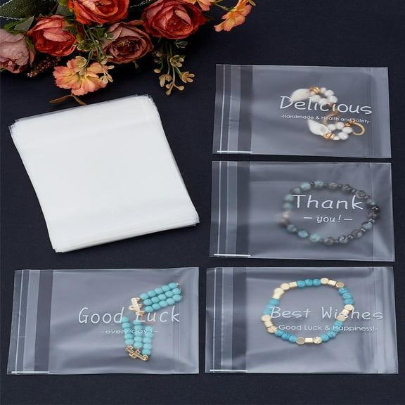 100pcs 4 styles Word Print Frosted Plastic Cellophane Cookie Bags Adhesive Sealing Top bag for Bake Packaging Square Clear 10x10x0.01cm