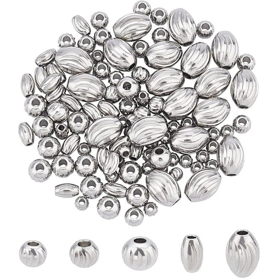 100pcs 5 Sizes 3-8mm Oval & Round Spacer Beads Stainless Steel Loose Beads Corrugated Bead Findings for DIY Jewelry Making Stainless Steel Color