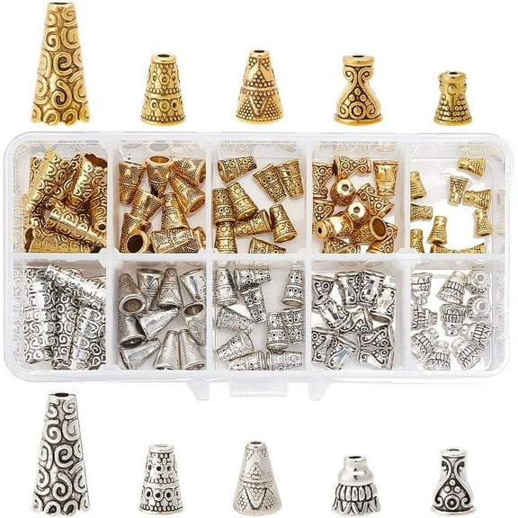 100pcs 5 Style Cone Bead Caps Tibetan Style Alloy Flower Bead Caps Antique Sliver Golden Spacers Tassel End Caps Beads for Crafts Earring Necklaces Keychain Pendants Jewelry Making