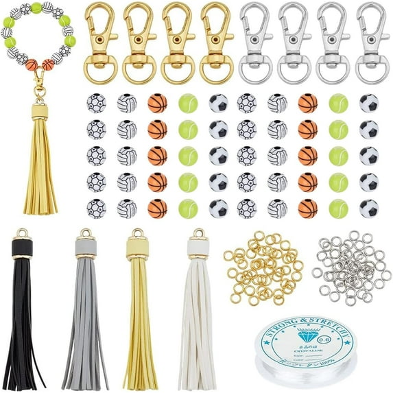 100pcs 5 Style Sports Bead Keychain Kit Acrylic Basketball Football Tennis Volleyball Beads with Jump Rings Tassels