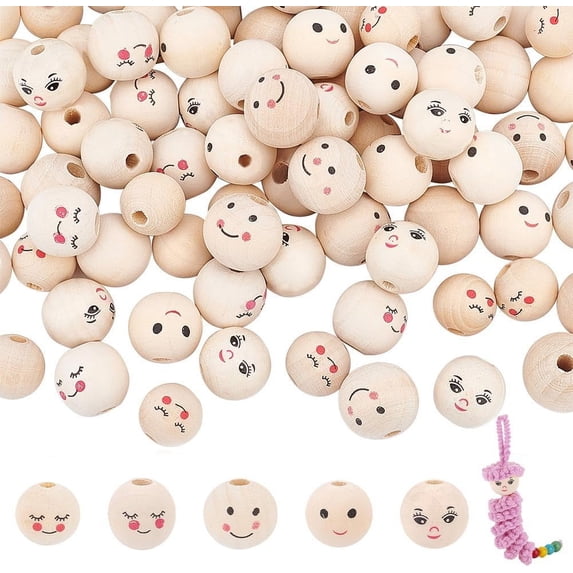 100pcs 5 Styles Face Wood Beads 15~18mm Wooden Beads with 4~5mm Hole Spacer Beads Wooden Loose Bead for Angel Head DIY Bracelet Necklace Jewelry Macrame Hair Crafts Christmas Decor