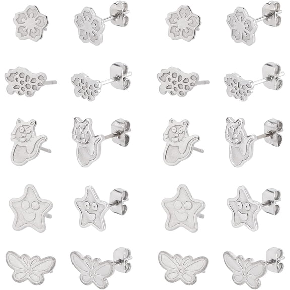 100pcs 5 Styles Flower Leaf Earrings Star Earring Sets Cat Butterfly Earring Findings Oil Drop Stainless Steel Stud Earrings Sets Pin:0.8mm