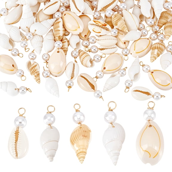 100pcs 5 Styles Natural Shell Pendants Cowrie Shell Charms Beach Seashells Charms Spiral Seashells Summer Seashell Pendants with Pearls DIY
