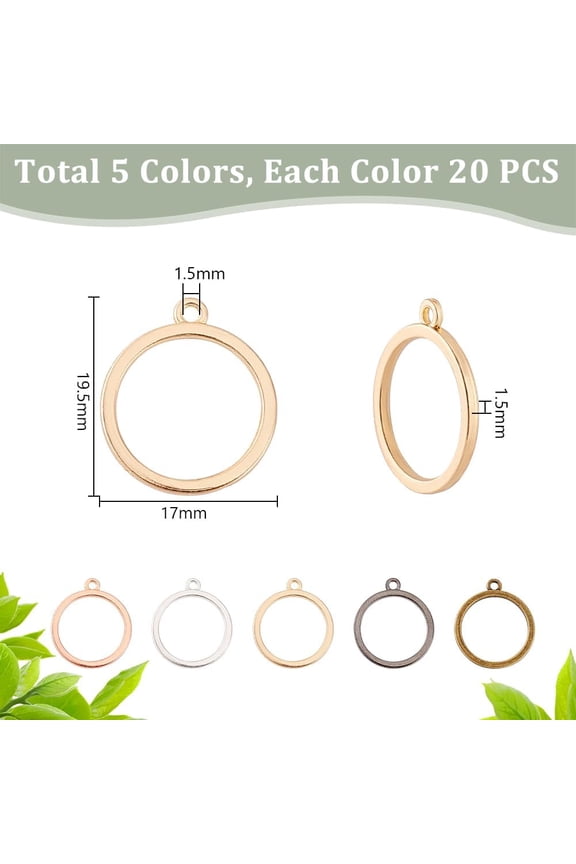 100pcs 5 colors Alloy Open Back Bezel Pendants for DIY UV Resin Epoxy Resin Pressed Flower Jewelry Flat Round 19.5x17x1.5mm Hole: 1.5mm 20pcs/color