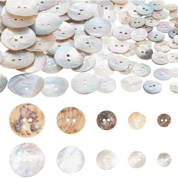 100pcs 5 style 2-Hole Natural Shell Buttons Flat Round Seashell color 10~25.5x1~2mm Hole: 1.6~2mm 20pcs/style