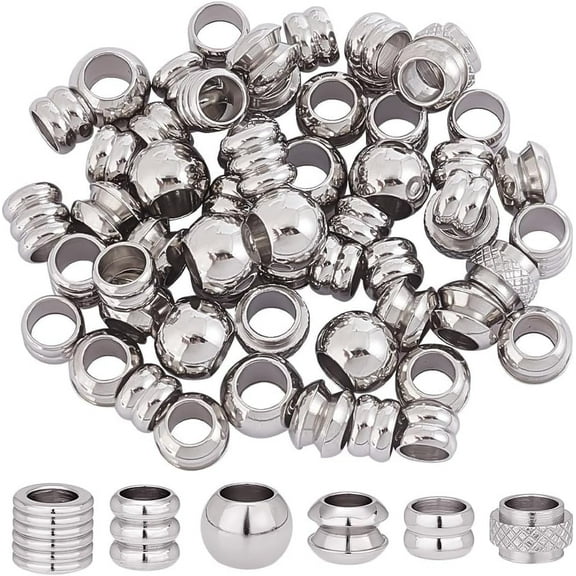 100pcs 6 Style Stainless Steel Column Beads Column Rondelle European Beads Large Hole Beads Metal European Bracelet Bead for DIY Earring Necklace Jewelry Making Hole:4~4.5mm