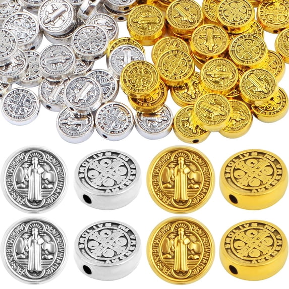100pcs 9.5 mm Round Double-Sided Jesus Cross Spacer Beads Catholic Saint Benedict Beads Religious Loose Beads for DIY Rosary Bracelet Necklace Jewelry Making, 2 Colors