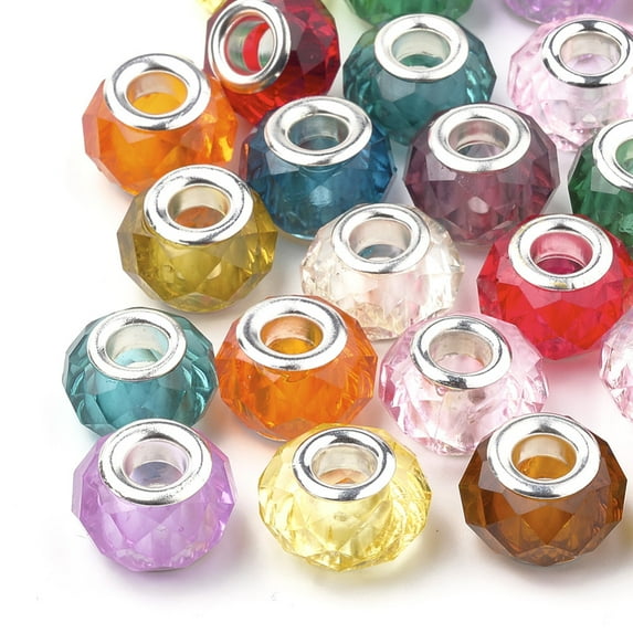 100pcs Acrylic European Beads Large Hole Beads with Silver color Brass Cores Faceted Rondelle Mixed color 13~14x9~10mm Hole: 4.5mm