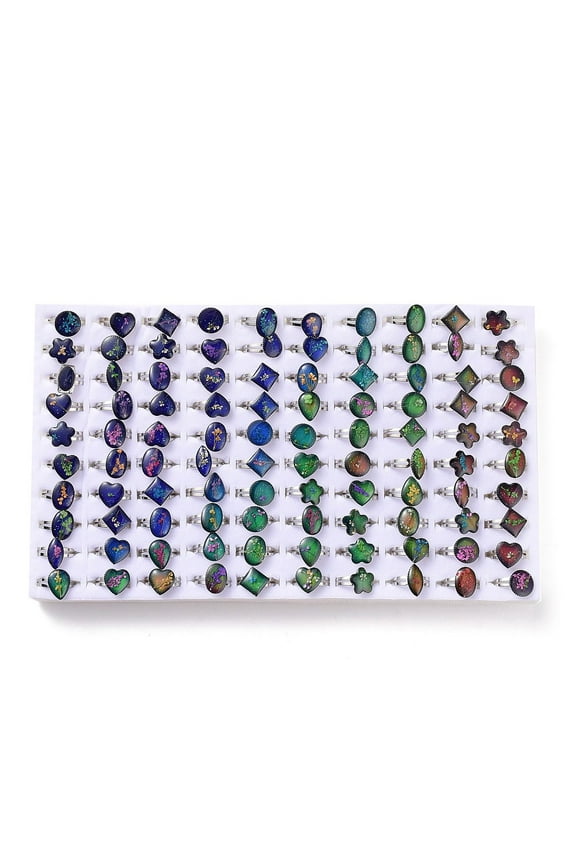 100pcs Adjustable Mood Ring Temperature Change color Emotion Feeling Alloy Band Rings for Women Mixed Shapes Platinum Inner Diameter: 17.6mm