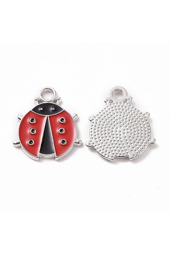 100pcs Alloy Enamel Pendants Ladybug Charm Platinum 19x16x1.5mm Hole: 2.5mm