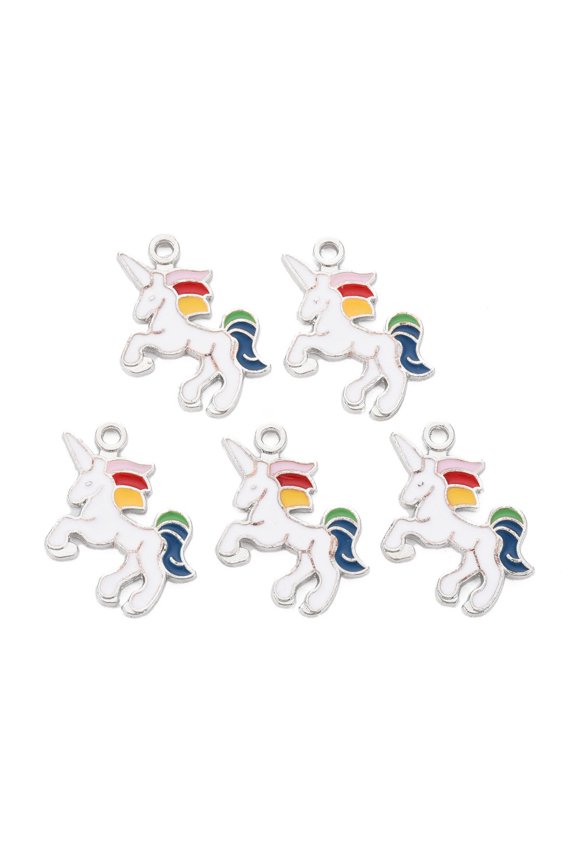 100pcs Alloy Enamel Pendants Platinum Cadmium Free & Lead Free Unicorn White 20x22x1mm Hole: 1.8mm
