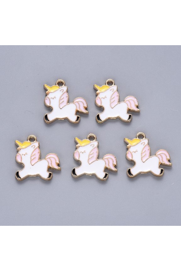 100pcs Alloy Enamel Pendants Unicorn Light golden Pink 18x18x1.5mm Hole: 2mm