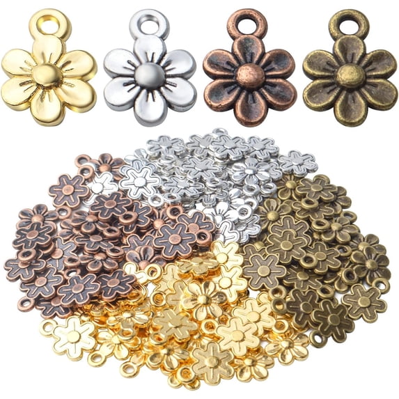 100pcs Alloy Flowers Charms Pendants Vintage Flower Charm Bead Jewelry Finding Pendants Craft Supplies Pendant 4 Colors ,for DIY Necklace Earring Crafts Making