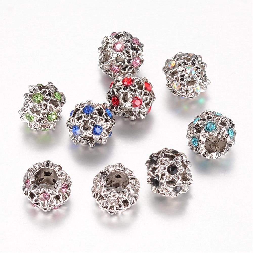 100pcs Alloy Glass Rhinestone European Beads Large Hole Beads Rondelle with Flower Antique Silver Mixed color 11x9mm Hole: 5mm